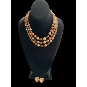 Vintage Japan Beaded Necklace Clip On Earrings Set Multi Strand Faux Pearl